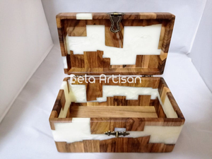 Handcrafted Wooden and Resin Jewelry <b>Box</b> Decorative White Resin Inlay Keepsake <b>Storage</b> <b>Chest</b> - Product Image 5