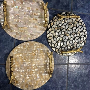 High Quality Round <b>Wicker</b> Serving Tray with Mother of Pearl Inlay Artisan Aura for Stylish <b>Coffee</b> <b>Table</b> Decor - Product Image 1