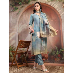 ชุดคุर्ตาผ้าไหมจอร์เจตต์พิมพ์ลายสีเขียวสำหรับผู้หญิง พร้อมกางเกงและผ้าคลุมไหล่ สไตล์ปากีสถาน-อินเดีย ชุดสัลวาร์ คามีซแบบเย็บสำเร็จ - Product Image 4