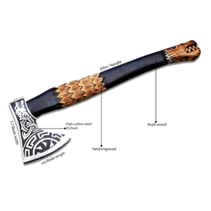 Hache viking artisanale avec manche en bois de frêne gravé et fourreau en cuir avec gravure sur la tête - Product Image 2