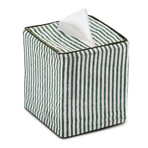 Green Stripes Hand-Block Printed Tissue Box <b>Cover</b> 100% Cotton, Reusable Holder for Bathroom, Bedroom, Office, Kitchen, Decor - Product Image 1