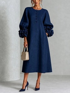 Robe midi élégante en lin pour femme, col rond, manches bouffantes, boutonnée, coupe trapèze, couleur unie, imprimé sublimation sur le devant, manches longues, mi-mollet - Product Image 4