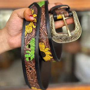 Hecho a mano de cuero genuino Floral girasol mano Tooled Jeans cinturón occidental de cuero de grano completo Cactus pintado hombres y mujeres cinturones - Product Image 2