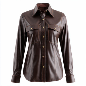 เสื้อเชิ้ตหนัง PU แฟชั่นโอเวอร์ไซส์สำหรับผู้หญิงเสื้อหนังมีกระเป๋าหน้าอกเปิดลงปกเสื้อ - Product Image 6