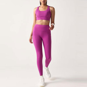 Ensemble de yoga 2 pièces pour femme : Leggings taille haute et crop top dos nageur à col rond, couleur unie violet, en Spandex et Polyester respirant - Product Image 1
