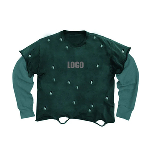 เสื้อยืดคุณภาพสูงผ้าฝ้ายหนานุ่มทรงหลวมแบบดิสเทรส แขนเสื้อคู่ทรงบ็อกซี่ เสื้อยืดสั่งทำพิเศษสำหรับผู้ชาย - Product Image 2