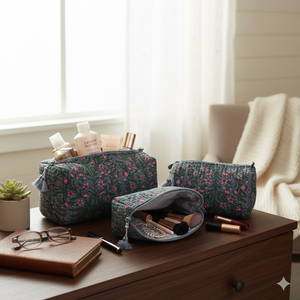 Ensemble de trois trousses de voyage portables en coton matelassé, écologiques, faites à la main, avec fermeture éclair, pour organiser vos affaires, pochettes cosmétiques - Product Image 1