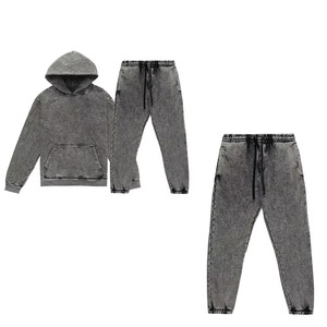 Vente de gros OEM Ensemble survêtement unisexe délavé à l'acide respirant Vintage Jogging Wear Rhinestone Design Sweat à capuche solide et bas - Product Image 5
