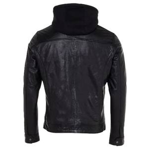 Veste en cuir noire pour homme à plusieurs poches avec capuche, coupe ajustée élégante, veste de moto avec fermeture éclair sur le devant et design personnalisé - Product Image 5