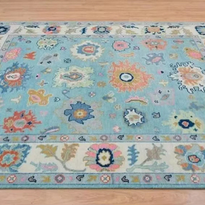 Alfombra de lana anudada a mano Oushak de lana azul personalizable, juego de alfombras tradicionales de estilo turco moderno para sala de estar, habitación de niños - Product Image 1