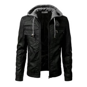 Veste en cuir de motard à capuche pour homme, design tendance, style streetwear, coupe ajustée, pour l'hiver - Product Image 1