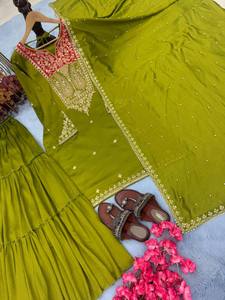 Último diseñador indio pakistaní Top-Sharara colección telas de seda Vichitra pura pesada con bordado lentejuelas codificación trabajo - Product Image 4