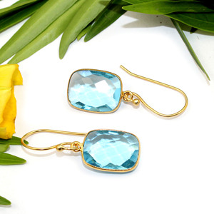 Style classique bleu topaze pierres précieuses Hydro Quartz coussin forme 22K plaqué or lunette boucles d'oreilles fête de noël femmes bijoux - Product Image 2