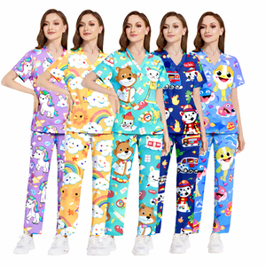 Conjunto de Uniforme Médico Personalizado para Mujer con Estampado de Dibujos Animados, Cuello en V, Manga Corta, Parte Superior y Pantalones, para Enfermeras y Personal de Salud - Product Image 3