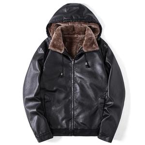 Veste en PU pour homme d'hiver, veste en cuir décontractée pour homme, veste en cuir chaude pour moto, veste en cuir à capuche en polaire tendance, vêtements pour homme - Product Image 4