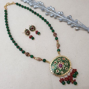 Traditional Round Pendant Kundan Necklace <b>Set</b> with Green Beads and Matching Earrings for <b>Bridal</b> and Ethnic Wear Women <b>Jewelry</b> - Product Image 1