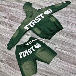 Sudadera con capucha y conjunto corto de chándal de lana de algodón bordado personalizado para hombre, Sudadera con capucha y cremallera lavada con ácido y conjunto corto de chándal - Product Image 3