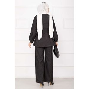Premium Gold <b>Buttoned</b> Belted Denim Women's <b>Suit</b> Set Black Color - Product Image 6