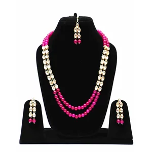Conjunto de Collar Largo Aqua Kundan, Chapado en Oro Fino, Joyería en Oro Rosa, Diamante Corte Esmeralda con Perla de Agua Dulce para Bodas y Fiestas - Product Image 1
