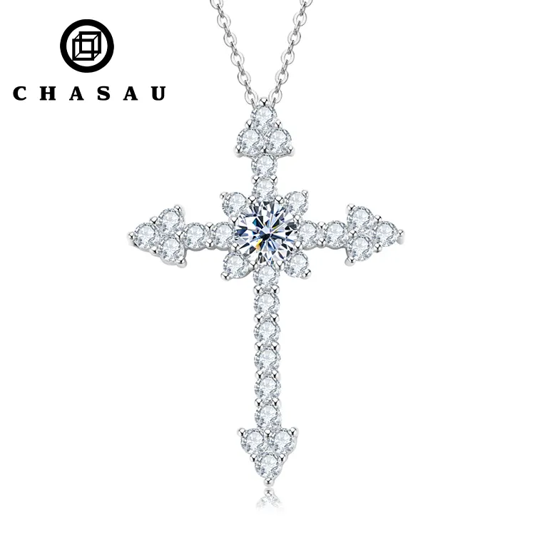 925 Prata Esterlina 0.5ct 1.0ct 1 Carat 5.0mm 6.5mm Moissanite Cruz Colar Pingente Branco Banhado A Ouro para Mulheres Cristãs Homens