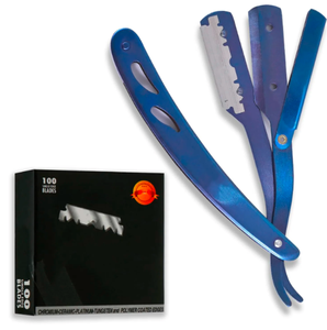 Kit de maquinilla de afeitar de borde recto azul titanio profesional 100 cuchillas de acero inoxidable desechables cuerpo de Metal belleza del cabello cuidado Personal - Product Image 1