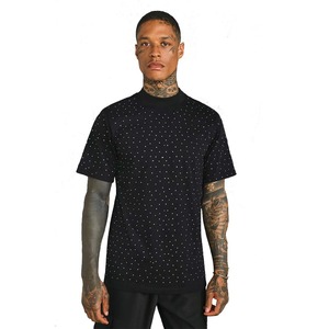 All-In Stock Camiseta informal de algodón 100% para hombre Manga corta de gran tamaño con estampado de diamantes de imitación Cuello simulado con fibra de bambú - Product Image 1