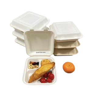100% boîtes à déjeuner et à hamburger jetables naturelles de bagasse de canne à sucre 9x9 8x8 3CP CLAMSHELL à emporter adapté aux camions - Product Image 6