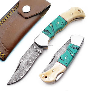 Hot Selling Damascus Steel Twist Pattern Folding <b>Knife</b> Back <b>Lock</b> Bone & Resin Handle Sheath Pocket EDC Camping OEM <b>Knife</b> - Product Image 1