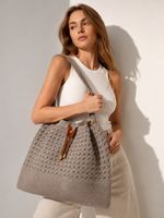 Bolso Tote de Ganchillo Acrílico Estilo Boho Chic para Mujer, Cierre con Cordón, Estilo Playa para Todas las Temporadas, Hecho a Mano, Color Sólido, Casual, para Uso Diario