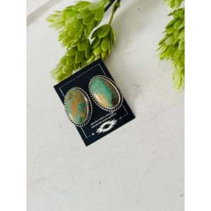 Larry Kaye Kingman Turquoise & Sterling <b>Silver</b> <b>Stud</b> Earrings Bezel Setting Post Earrings - Product Image 4