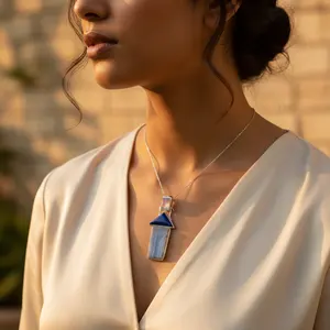 Collar con Colgante de Plata 925 de Moda para Mujer con Piedra Azul, Bañado en Rodio, Cadenas de Oro de 18K, Detalles de Diamantes, Base de Platino - Product Image 3