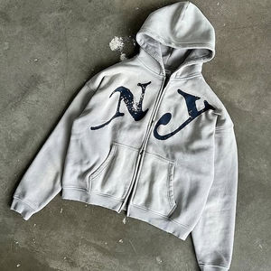 Nuevo estilo Atlético patrón impreso personalizado Casual ligeramente lavado desgastado de gran tamaño deporte Zip up Sudadera con capucha para hombres - Product Image 4