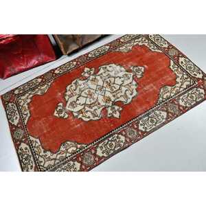 Vintage Turkish Rug 3.5x5.7 ft (107x175 Cm) <b>Red</b> <b>Wool</b> Patchwork Rug with Latex Backing Eco-Friendly - Product Image 1