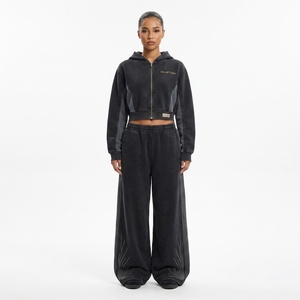 Custom Women Black <b>Cropped</b> Zip Up Hoodie Wide Leg <b>Jogger</b> Set Cotton Fleece Rhinestone Streetwear Tracksuit OEM - Product Image 1
