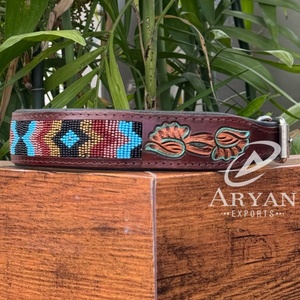 ปลอกคอสุนัขประดับลูกปัดสำหรับงานหนักทำจากหนังแบบใช้มือพร้อมหัวเข็มขัดโลหะแบบปลดเร็วปลอกคอสัตว์เลี้ยงบุนวมปรับได้หรูหราทนทานสำหรับงานหนัก - Product Image 1