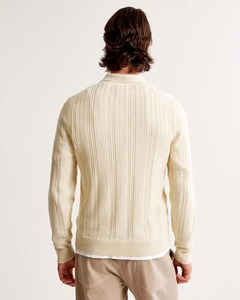 Suéter de cuello de manga larga informal de punto de lana 100% marfil para hombre con logotipo frontal texturizado suave transpirable para otoño - Product Image 2
