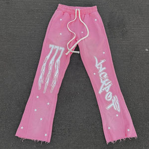 Venta al por mayor de personalizado de los hombres de peso pesado desgastado lavado ácido conjunto de chándal serigrafiado pantalones acampanados y Sudadera con capucha - Product Image 6