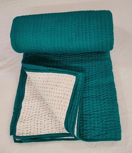Plaid indien fait à la main 100% coton vert sarcelle, couverture de lit Kantha, plaid en coton, King Queen Twin - Product Image 2