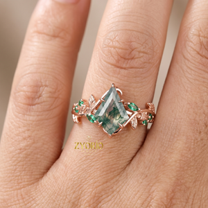 Anillo de compromiso de ágata musgosa con corte cometa, plata de ley 925, diseño de hoja de vid, inspirado en la naturaleza, con detalles de esmeralda, anillo de promesa para mujer - Product Image 4