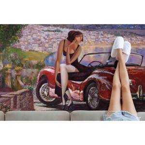 Alfombra Moderna con Estampado de Mujer con Auto Rojo, Alfombra de Chenilla - Product Image 3