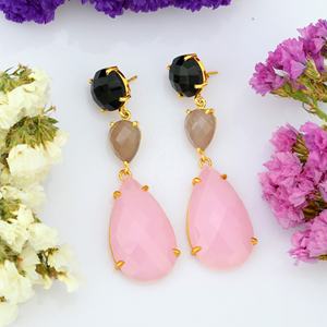 Boucle d'oreille longue onyx noir de haute qualité et rose grise et naturelle boucle d'oreille en argent sterling 925 - Product Image 6