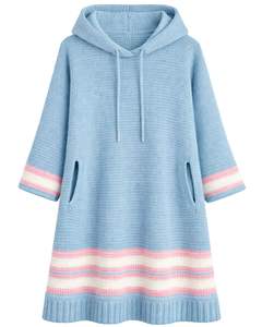 ชุดเดรสไหมพรมสีฟ้าอ่อนสำหรับผู้หญิง ลายทางสีชมพูขาว ความยาวยาว เหมาะสำหรับฤดูหนาว อุ่นสบาย สไตล์ลำลอง ทรงโอเวอร์ไซส์ - Product Image 1