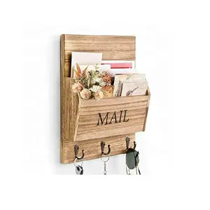 Decorative Mail Sorter Wall Mounted Wooden Mail Holder with 3 Hooks Mail Organizer with Key Holder for Wall