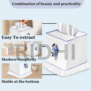 Funda para Caja de Pañuelos de Tela Ecológica Clásica con Volantes Bordados en Azul Periwinkle de Ridhi, Porta Servilletas Decorativo Floral Hecho a Mano - Product Image 4