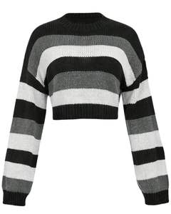 Manufacturer Customized Black Gray <b>White</b> Striped <b>Cropped</b> Knit Sweater Women <b>Long</b> <b>Sleeve</b> Ribbed Hem Winter Fashion Casual <b>Top</b> - Product Image 1