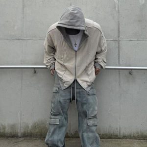 Sudadera con capucha para hombre otoño forrado algodón pesado puntada de contraste externo inverso desgastado con logotipo bordado personalizado - Product Image 2