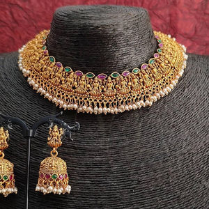 Designer Fancy Style Matte Gold Polish Laxmi Design Beautiful Traditional Wear Accessories Women Temple <b>Necklace</b> Jewelry Sets - Product Image 1