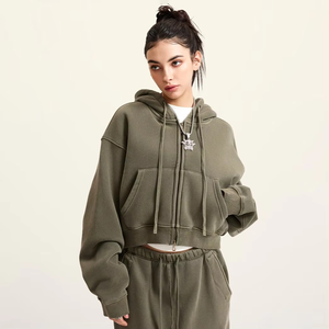 Sudaderas con capucha de manga larga sueltas Vintage lavadas con ácido con cremallera estilo callejero con cremallera Top corto en blanco sudaderas con capucha de moda para mujer - Product Image 1