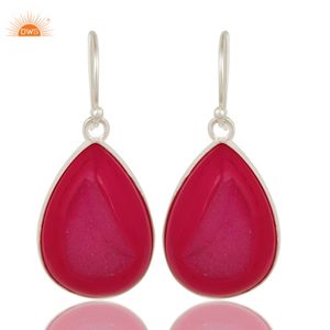 Bezel-<b>Set</b> Drop Earrings <b>Jewellery</b> Manufacturer Natural Pear Shape <b>Pink</b> Druzy Agate Fine Sterling Silver Jewelry Supplier - Product Image 3