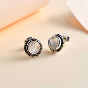 Rainbow Moonstone Bezel Setting Luxury <b>Stud</b> Earrings 925 Sterling <b>Silver</b> 7mm for Party & Gift - Product Image 3